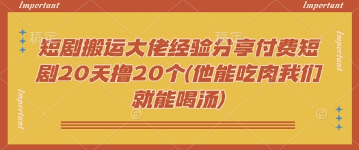 短剧搬运大佬经验分享付费短剧20天撸20个(他能吃肉我们就能喝汤)-丸动小站