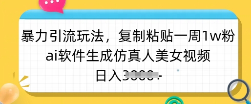 暴力引流玩法，复制粘贴一周1w粉，ai软件生成仿真人美女视频，日入多张-丸动小站