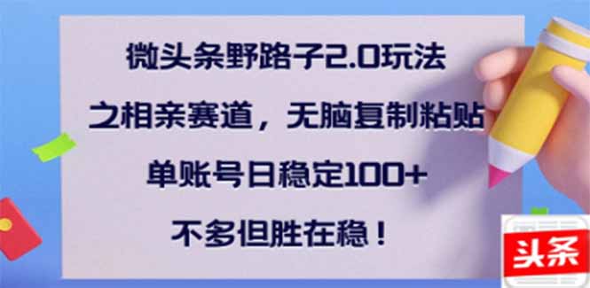 微头条野路子2.0玩法之相亲赛道，无脑搬砖复制粘贴，单账号日稳定300+…-丸动小站